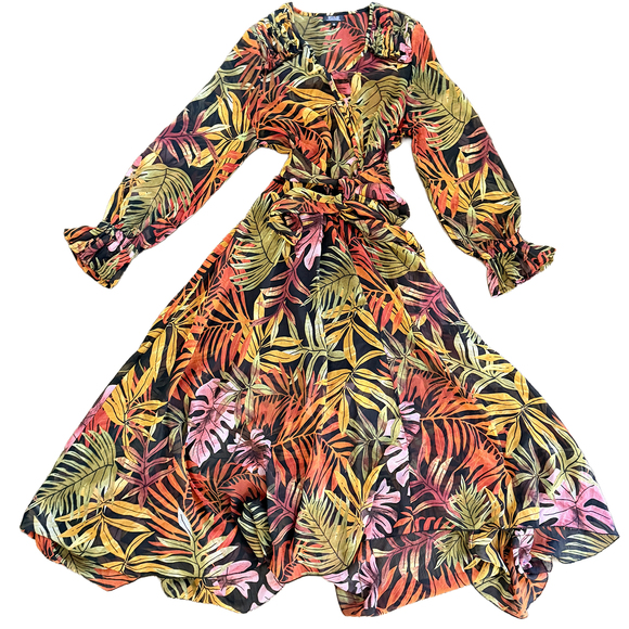 Sheer Tropical Leaf Print Long flutter Sleeve Wrap Maxi Dress autumn botanical - Picture 4 of 8